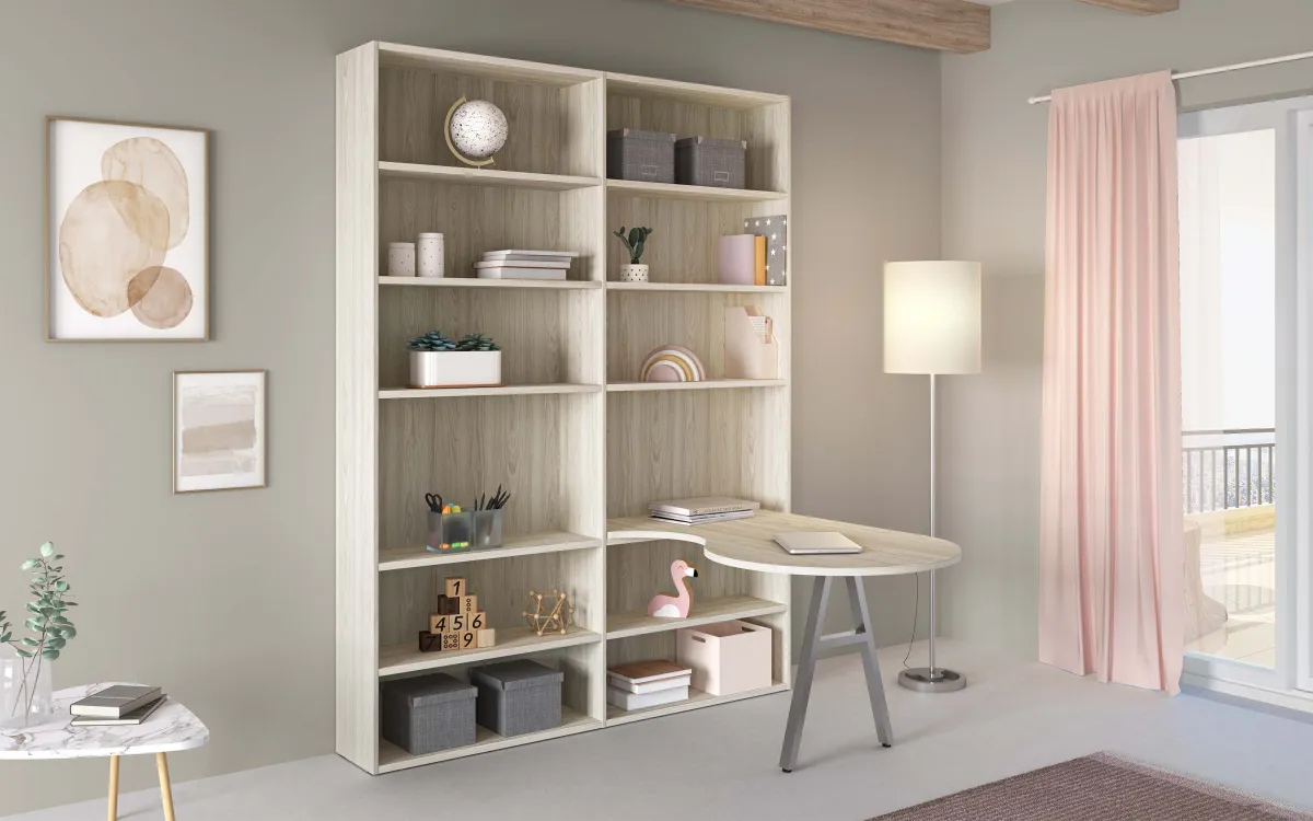 Libreria con scrivania a destra effetto altea beige: Spring