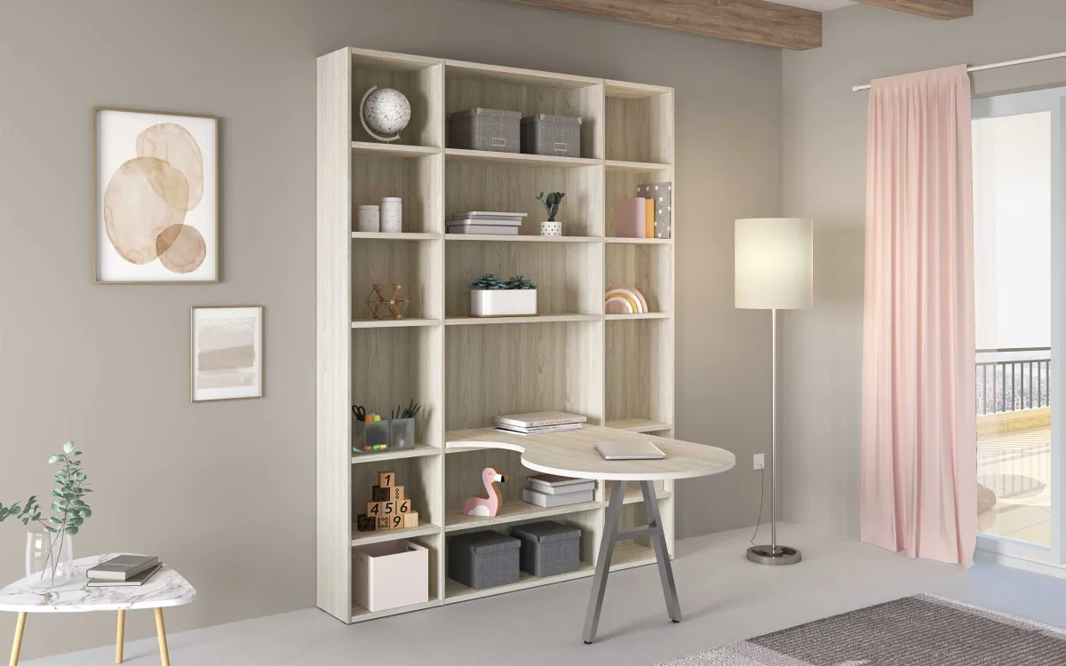 Libreria con scrivania a destra effetto altea beige: Spring