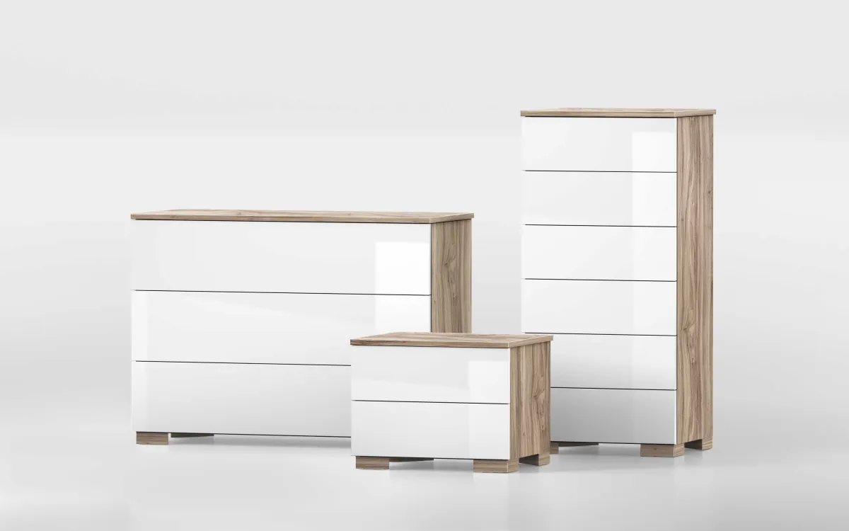 Settimino 6 cassetti effetto noce oro, bianco laccato: Master