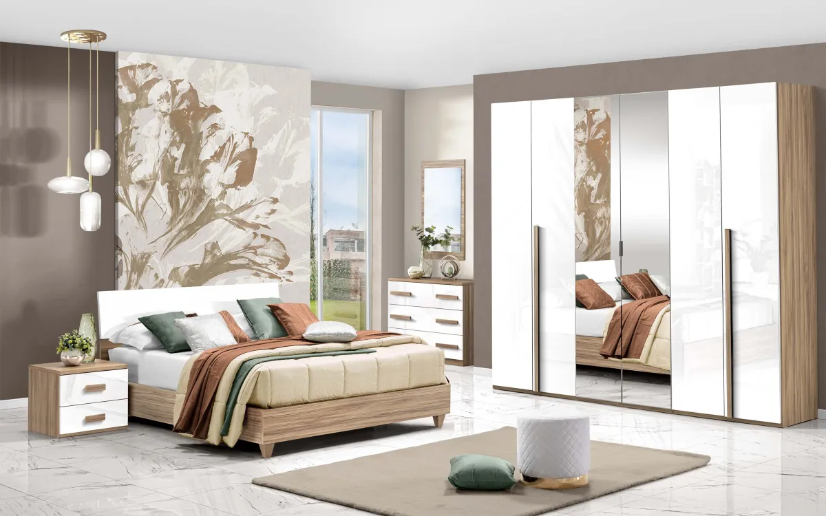 Sirio sky 6 ante battenti con specchio centrale con letto contenitore effetto noce oro, bianco laccato: Camera