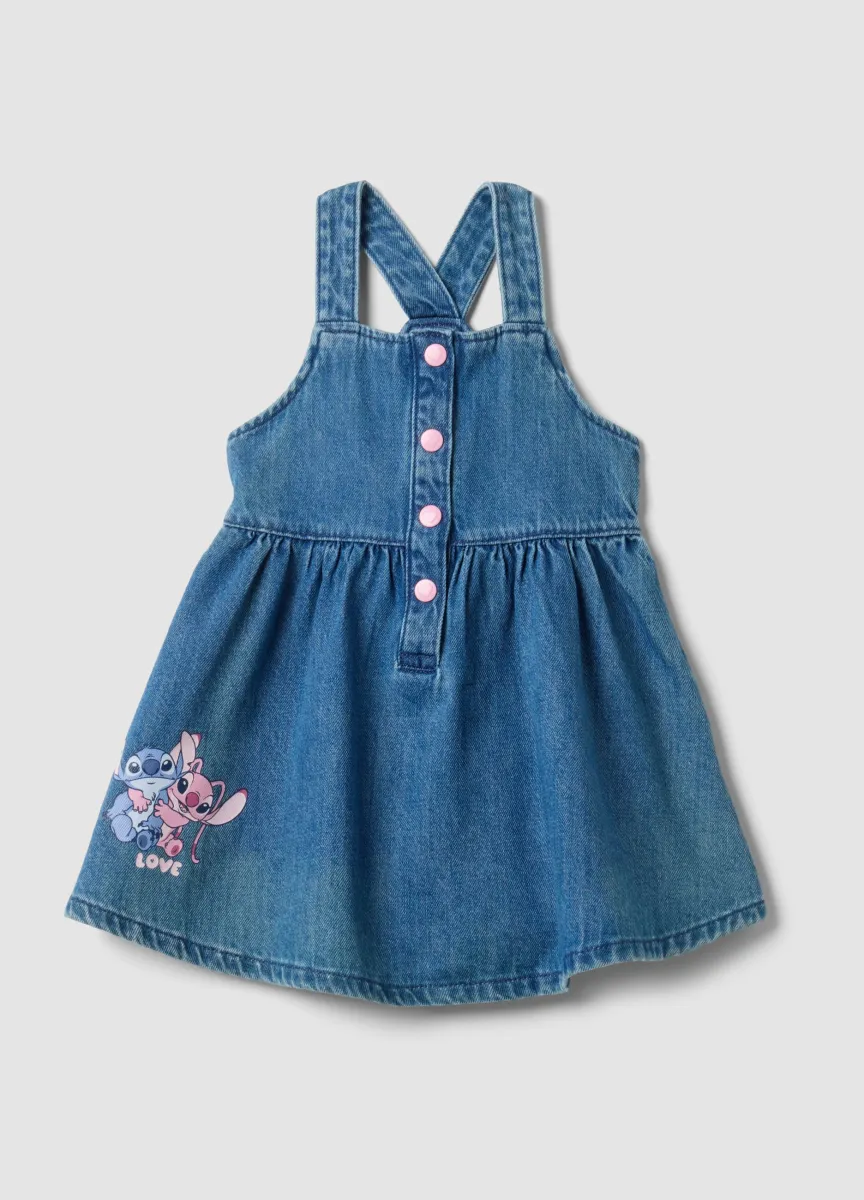 Abito denim blu in misto cotone e viscosa con stampa Lilo & Stitch per bimba