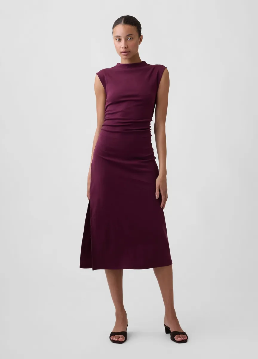 Abito midi rosso in cotone elasticizzato con spacco laterale