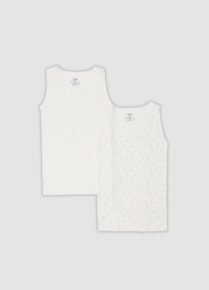 Bipack canotte bianche in puro cotone organico con fantasia per bambina