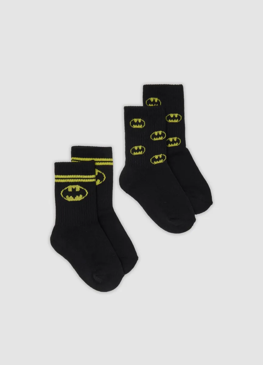 Bipack di calze corte nere in cotone organico elasticizzato con stampa Batman