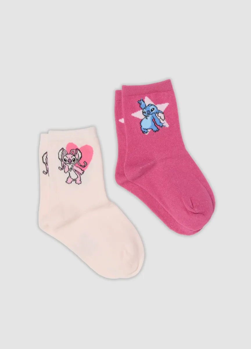 Bipack di calze midi rosa in cotone organico elasticizzato con stampa Lilo & Stitch