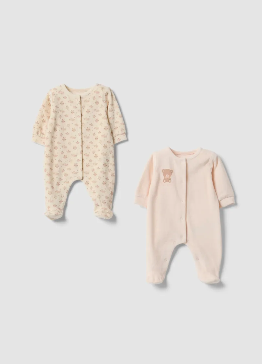 Bipack di tutine rosa in misto cotone con piedini e fantasia per neonata