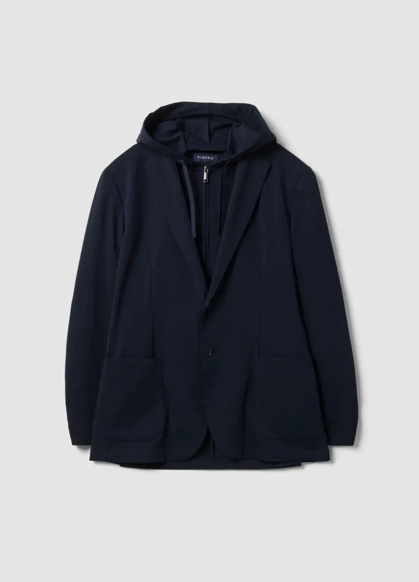 Blazer blu in cotone elasticizzato con cappuccio e rever classici