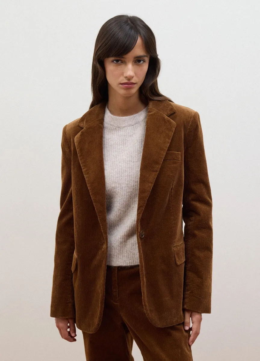 Blazer marrone in cotone elasticizzato foderato a coste con rever classico