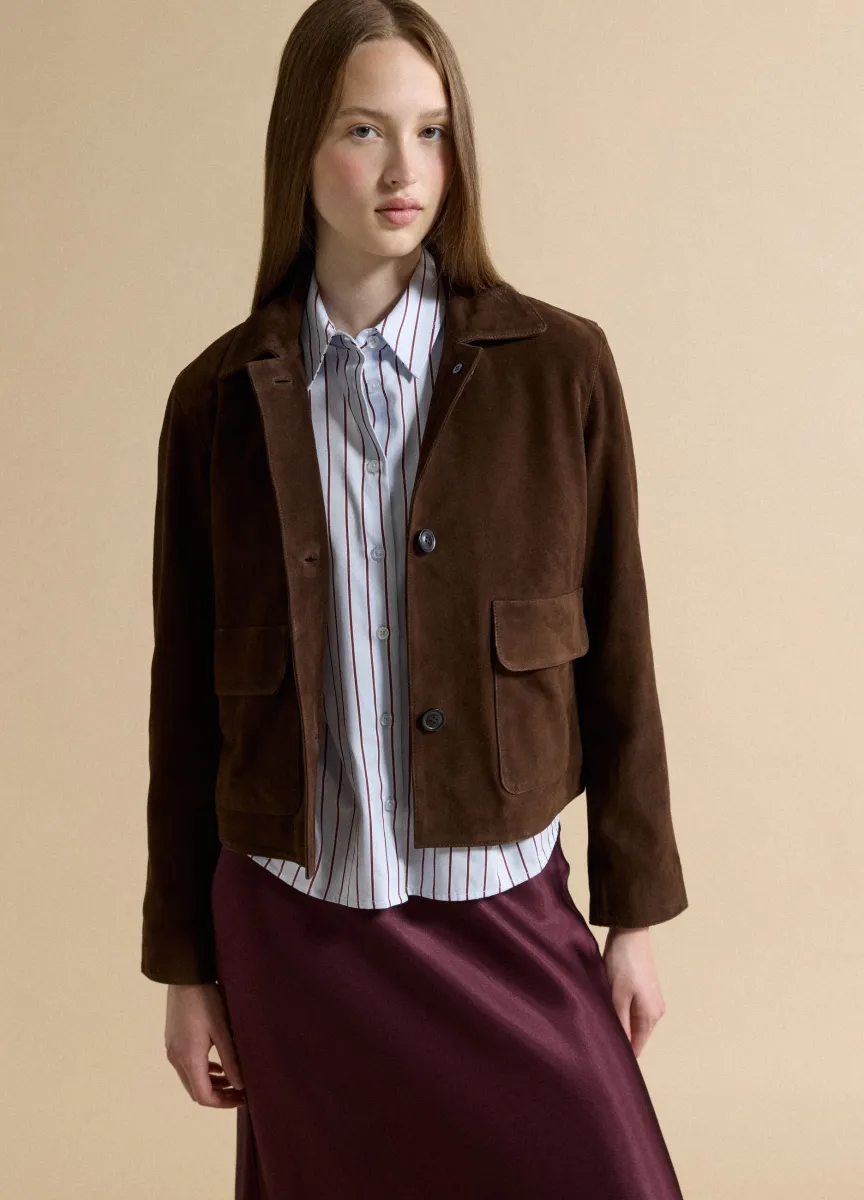 Blazer marrone in vera pelle regular fit con rever classico