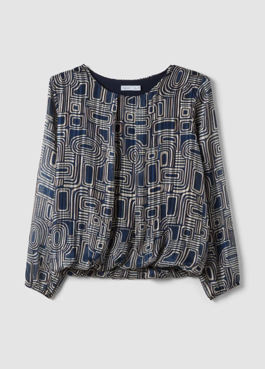 Blusa blu a fantasia geometrica con maniche lunghe regular fit
