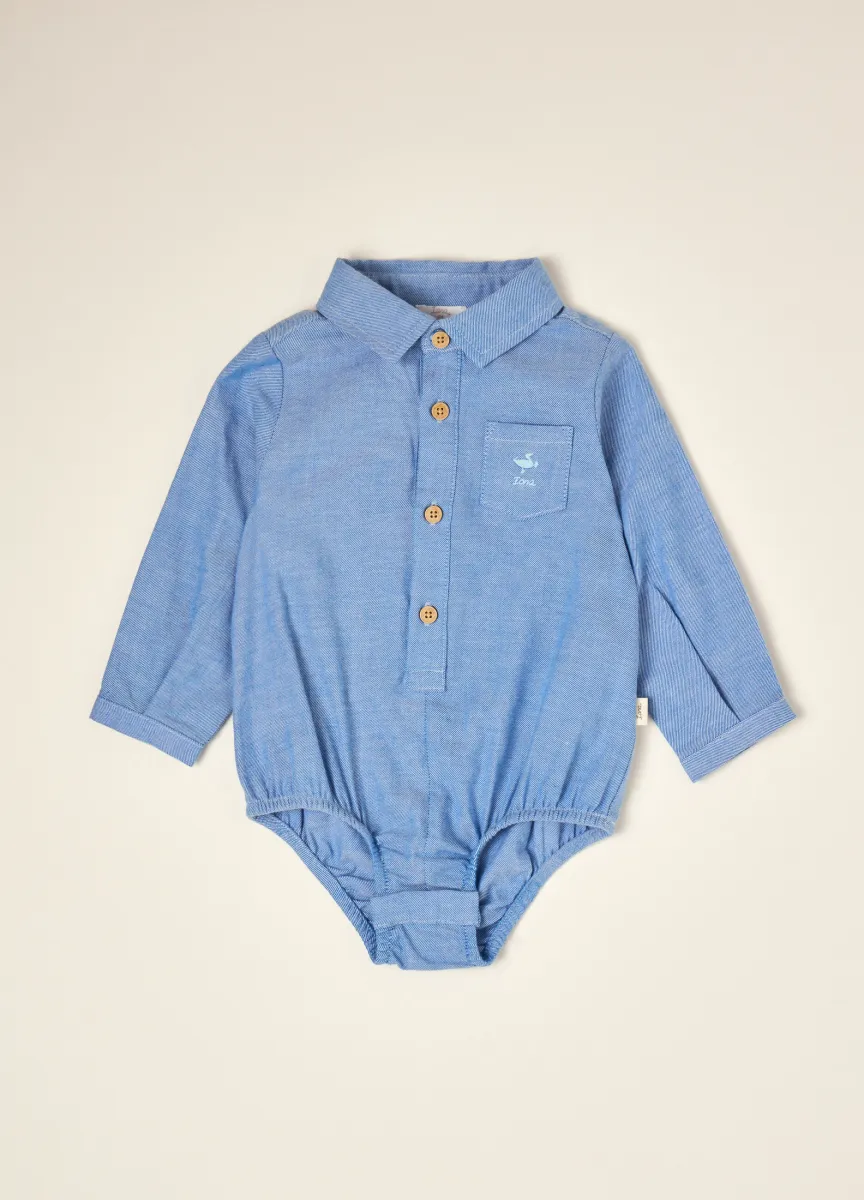 Body camicia azzurro in puro cotone con colletto classico