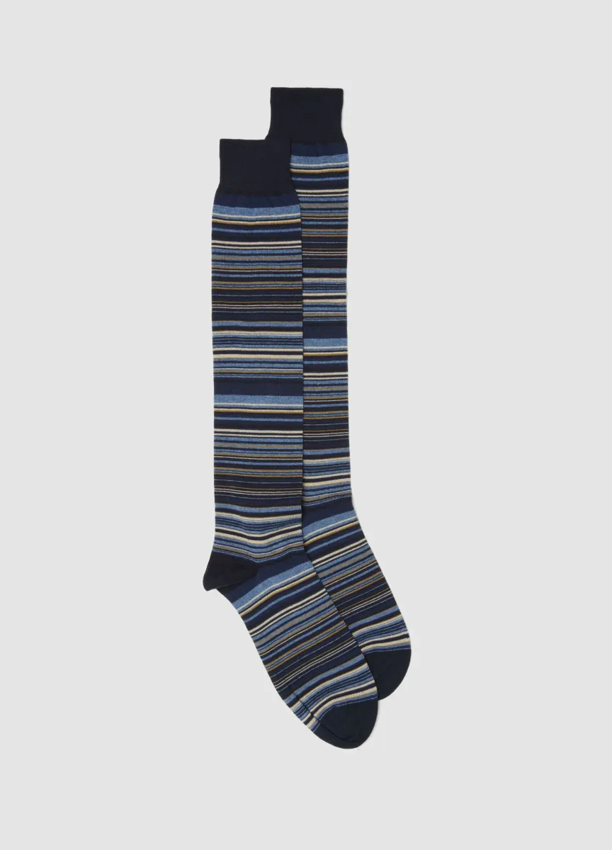 Calze lunghe blu in cotone elasticizzato a righe