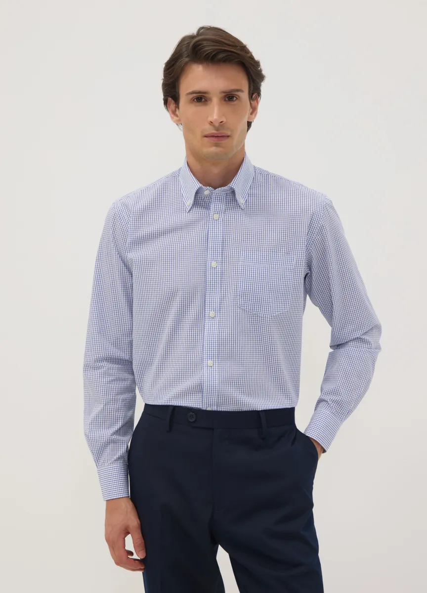 Camicia azzurra in misto cotone a quadretti easi iron regular fit