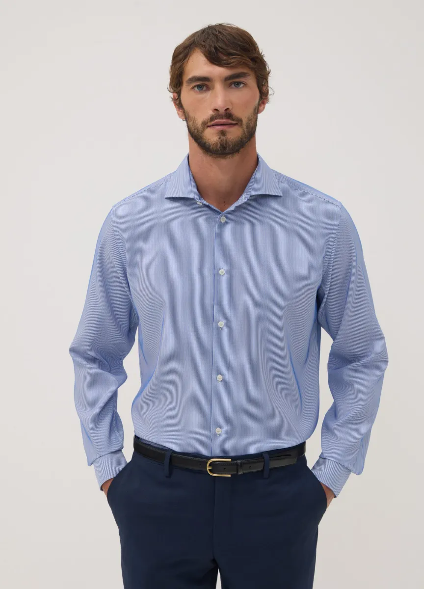 Camicia bianca e blu in dobby di misto lyocell a righe slim fit Easy Iron