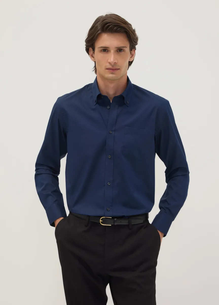 Camicia blu regular fit con collo button-down easy iron