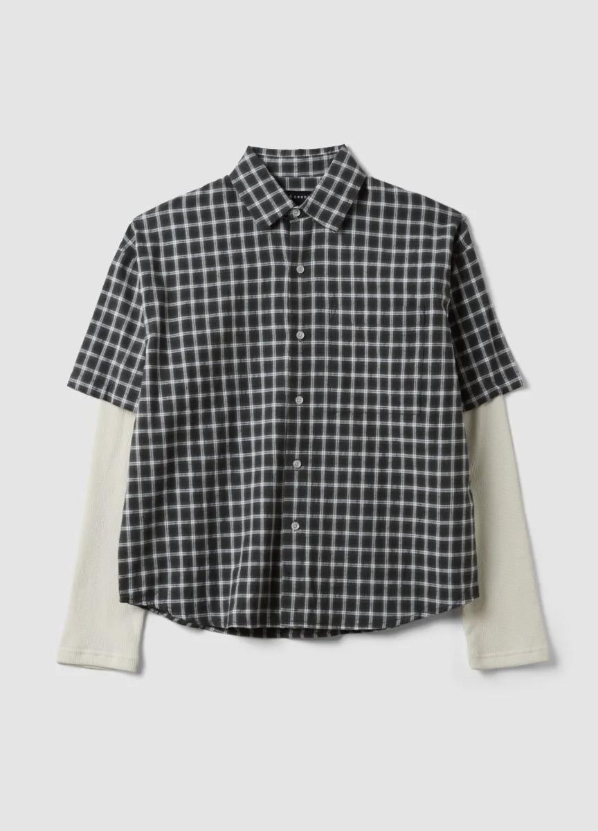 Camicia double layer nera a quadri in popeline di puro cotone over fit