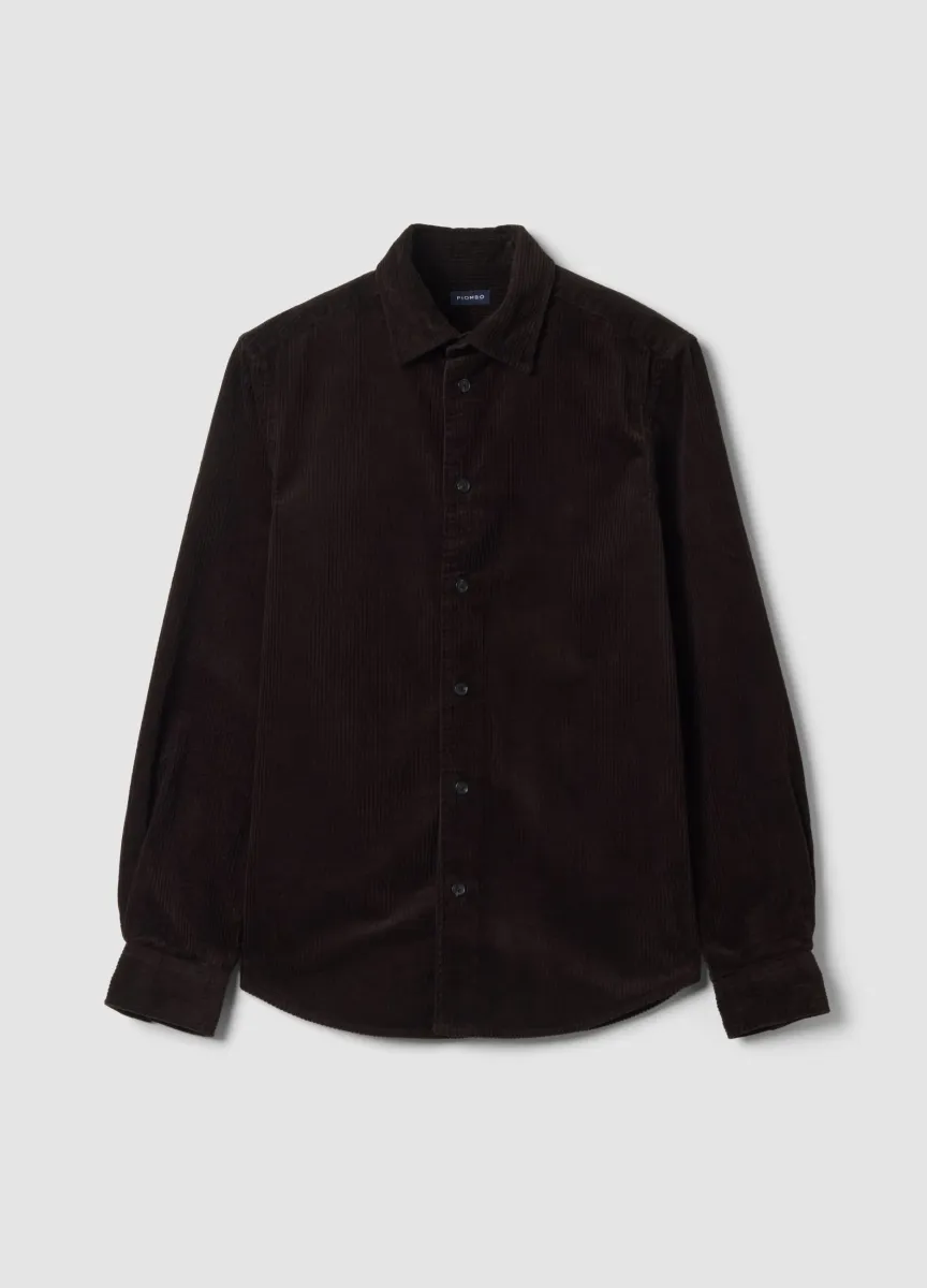 Camicia marrone in puro cotone a coste regular fit