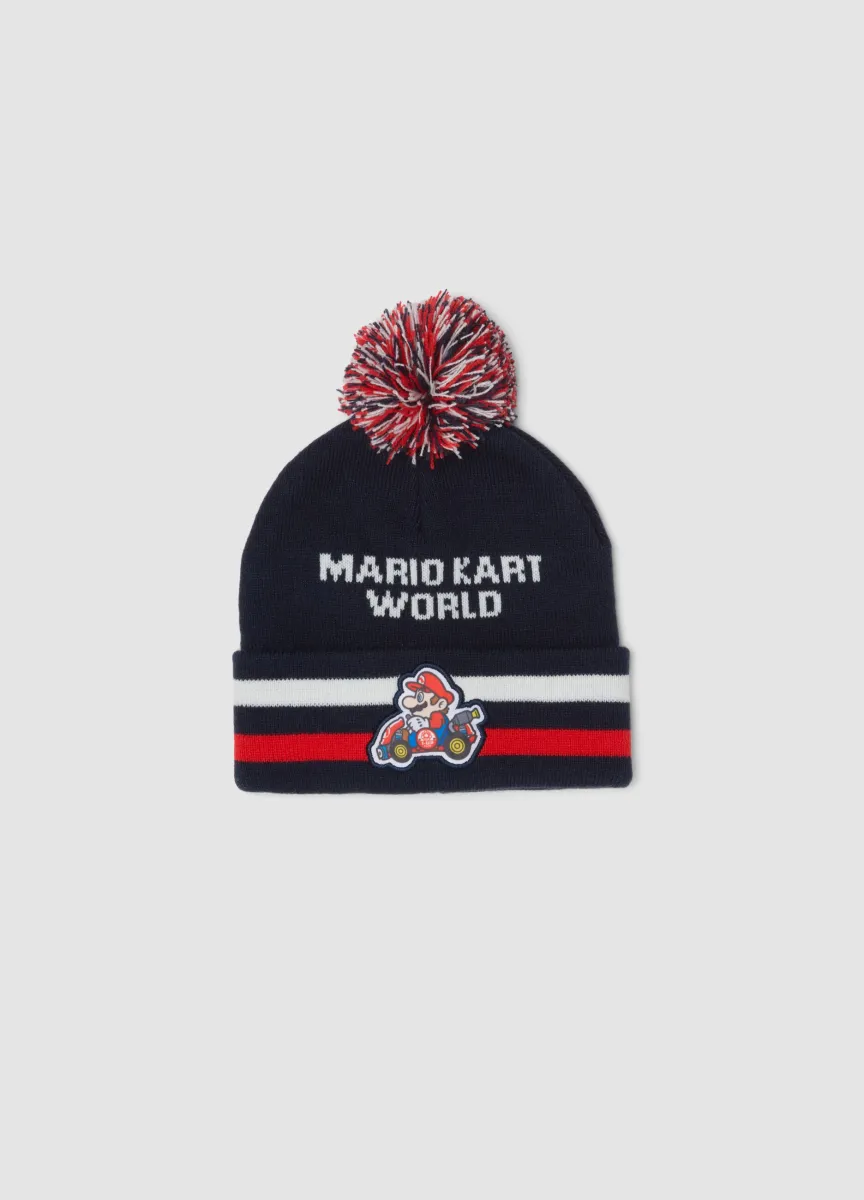 Cappello blu indigo in maglia con pon pon e stampa Mario Kart