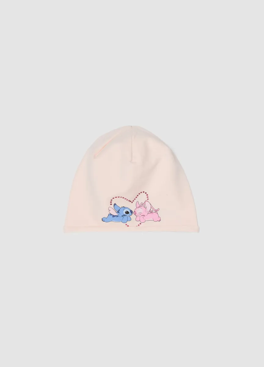 Cappello rosa in cotone elasticizzato jersey con stampa Lilo & Stitch per bambina