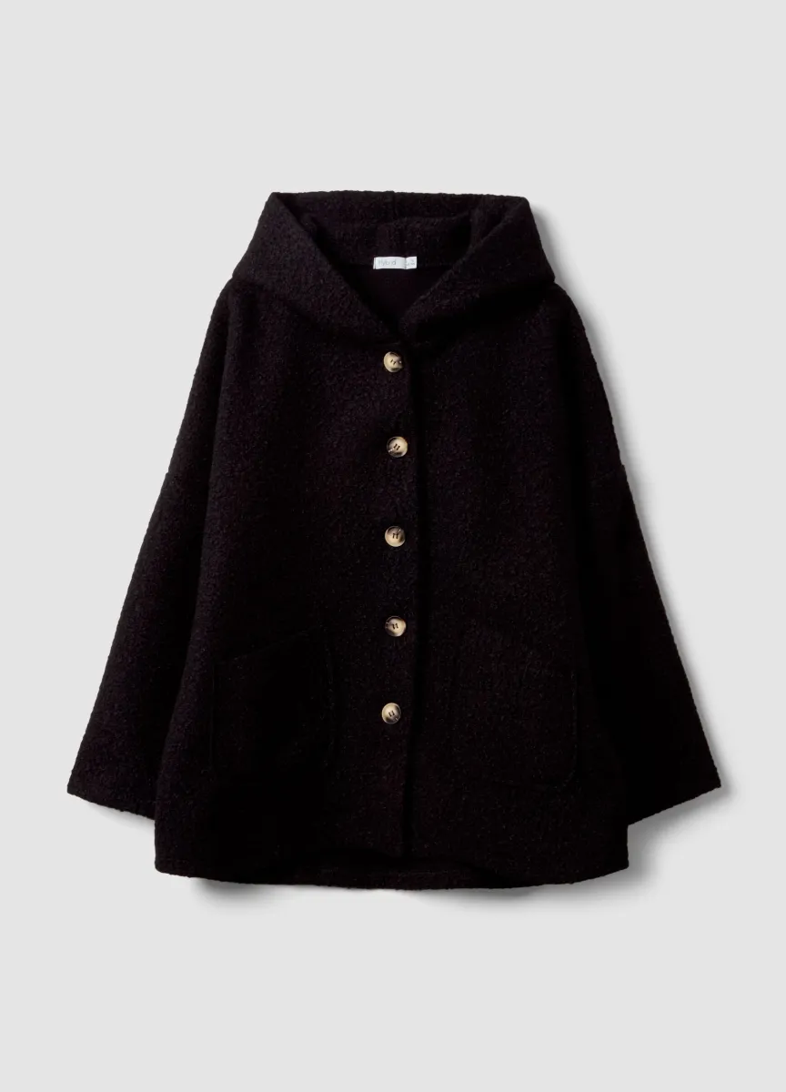 Cappotto nero regular fit con cappuccio e bottoni