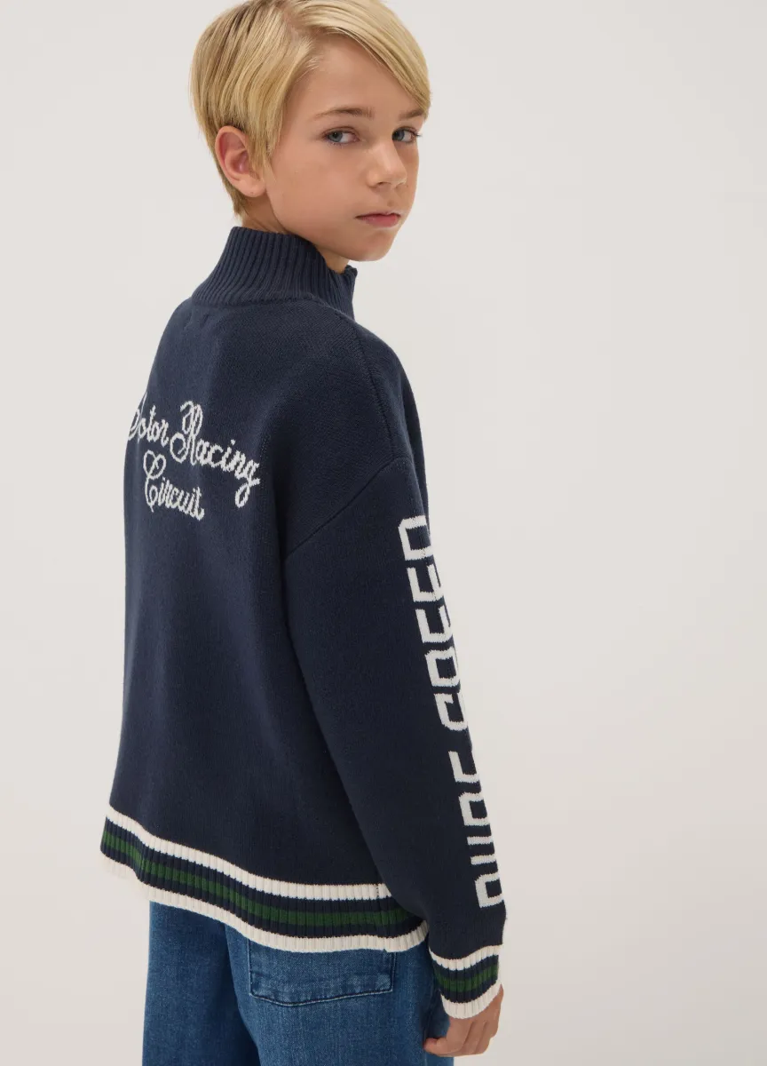 Cardigan blu con zip e ricami racing