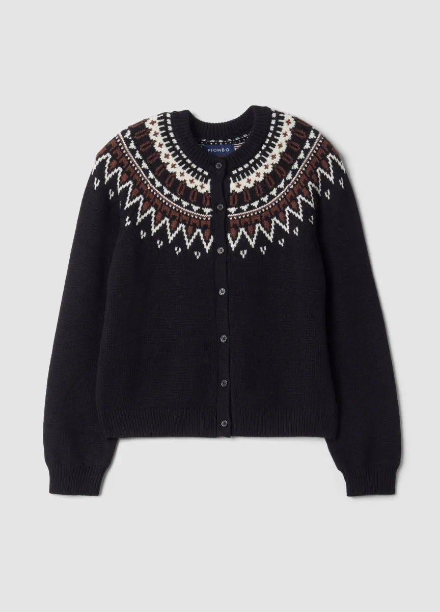 Cardigan blu in misto lana jacquard con girocollo