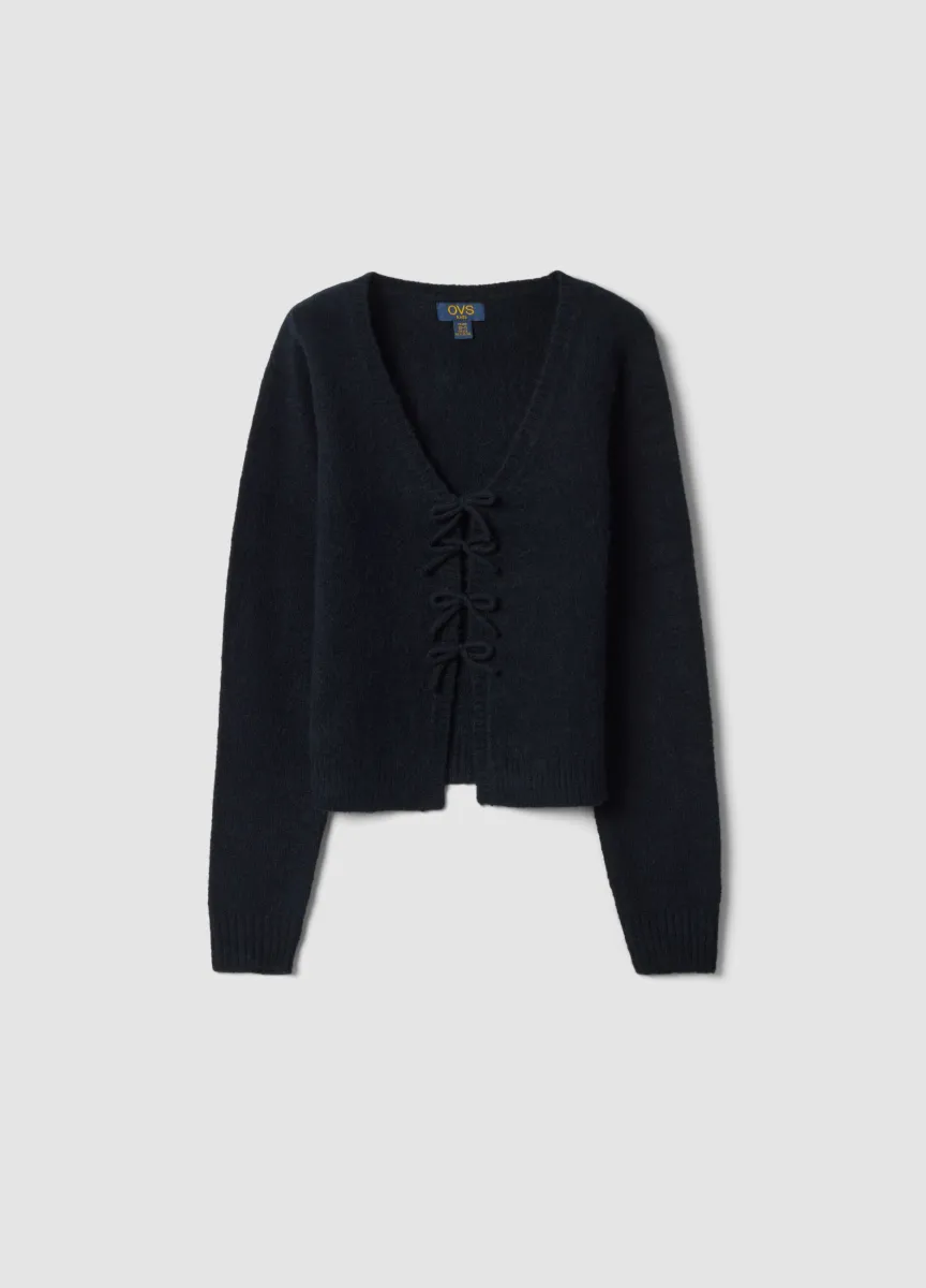 Cardigan nero in lana elasticizzata regular fit