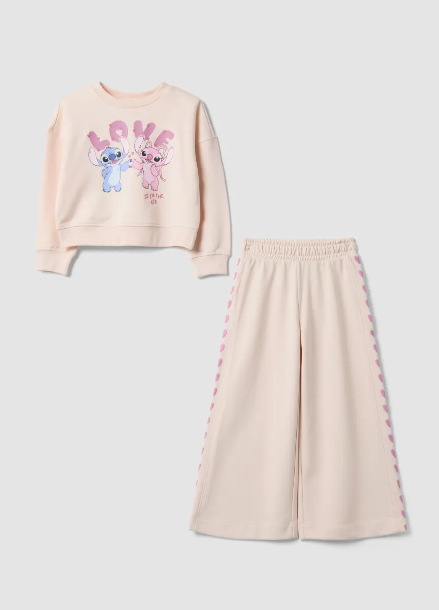 Completo jogging rosa in misto cotone con stampe Lilo & Stitch per bambina