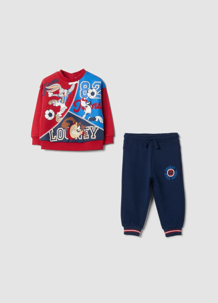 Completo jogging rosso in puro cotone organico con stampa Looney Tunes