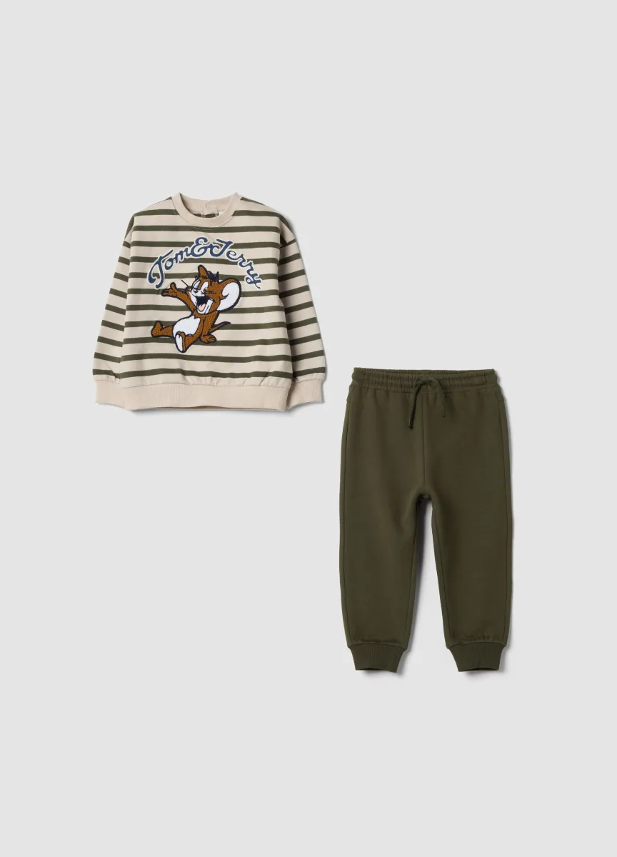 Completo jogging verde in puro cotone con stampa Tom & Jerry