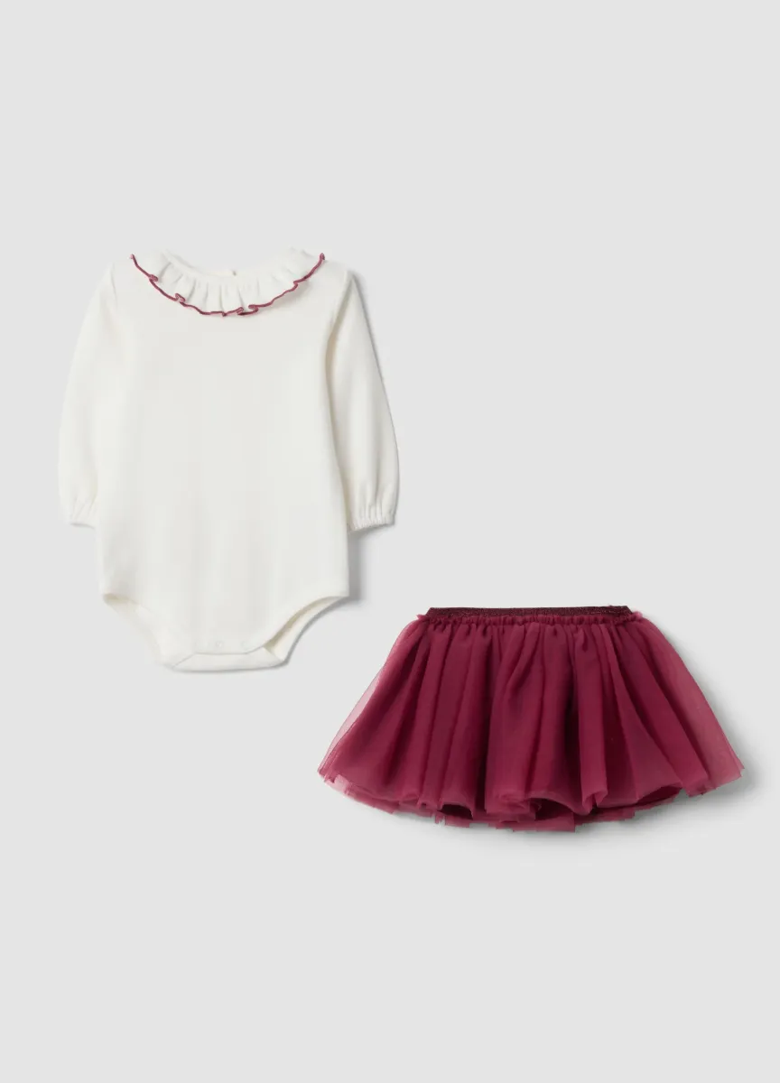 Completo rosa in puro cotone con body e gonna in tulle