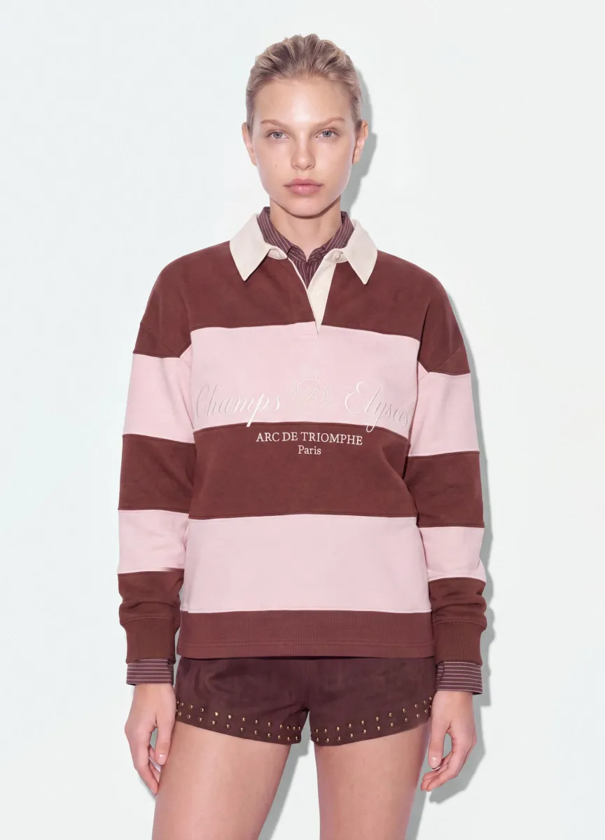 Felpa a righe marrone in misto cotone con colletto relaxed fit