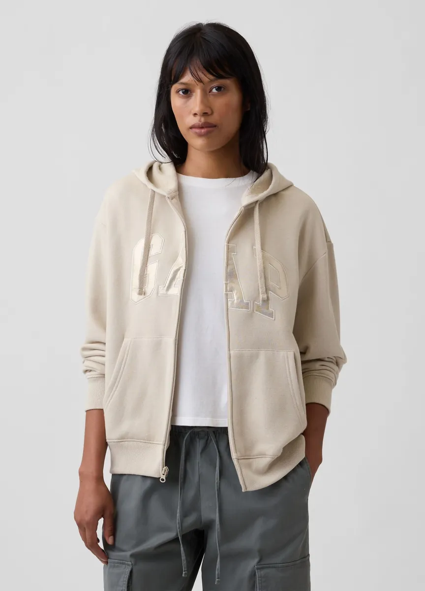 Felpa beige con cappuccio in misto cotone con logo GAP