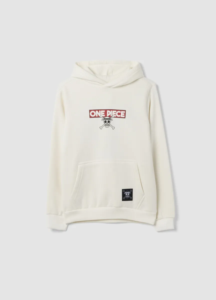 Felpa bianca con cappuccio in misto cotone e stampa One Piece