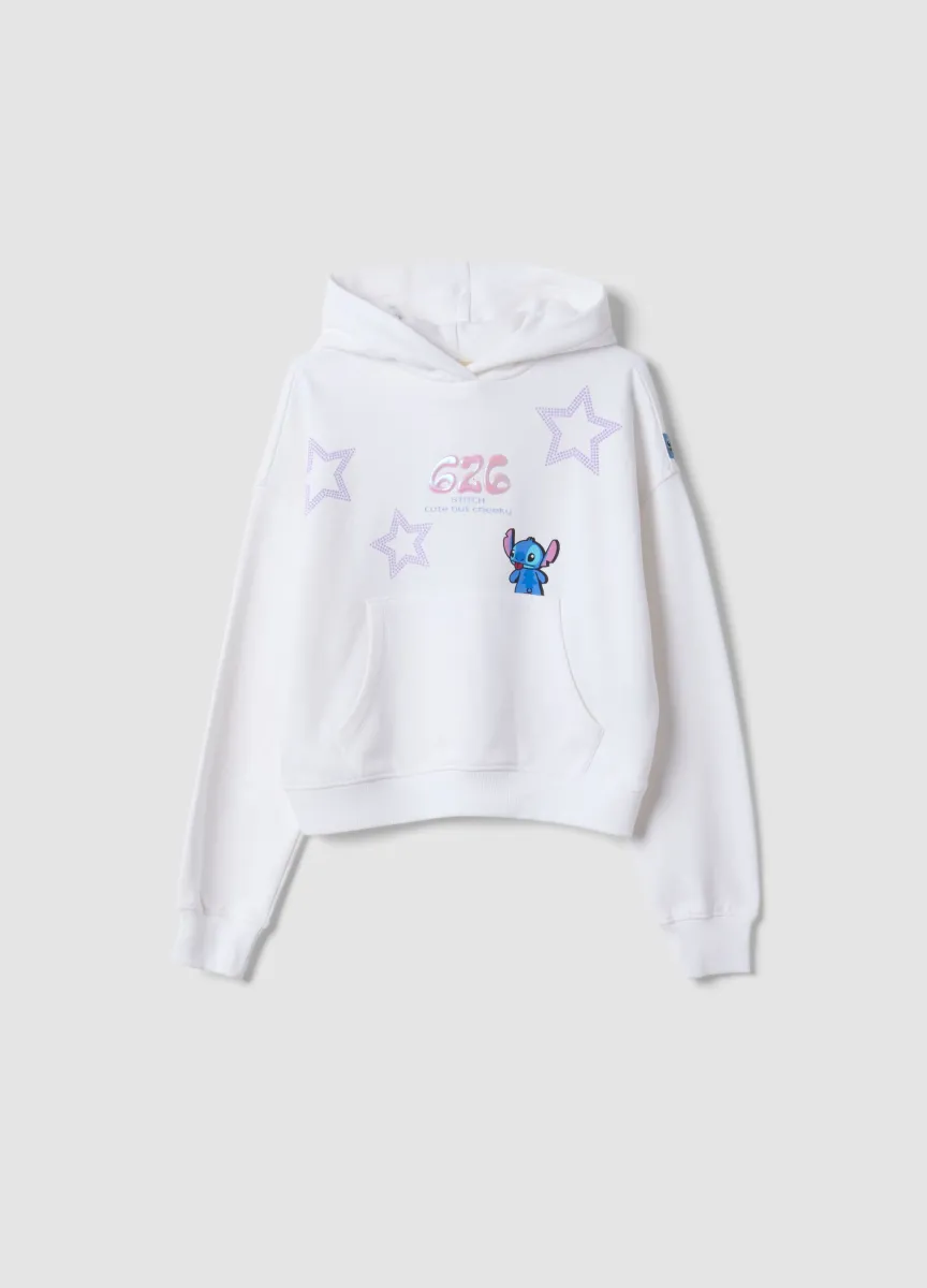 Felpa bianca corta in puro cotone con cappuccio e stampa Lilo & Stitch