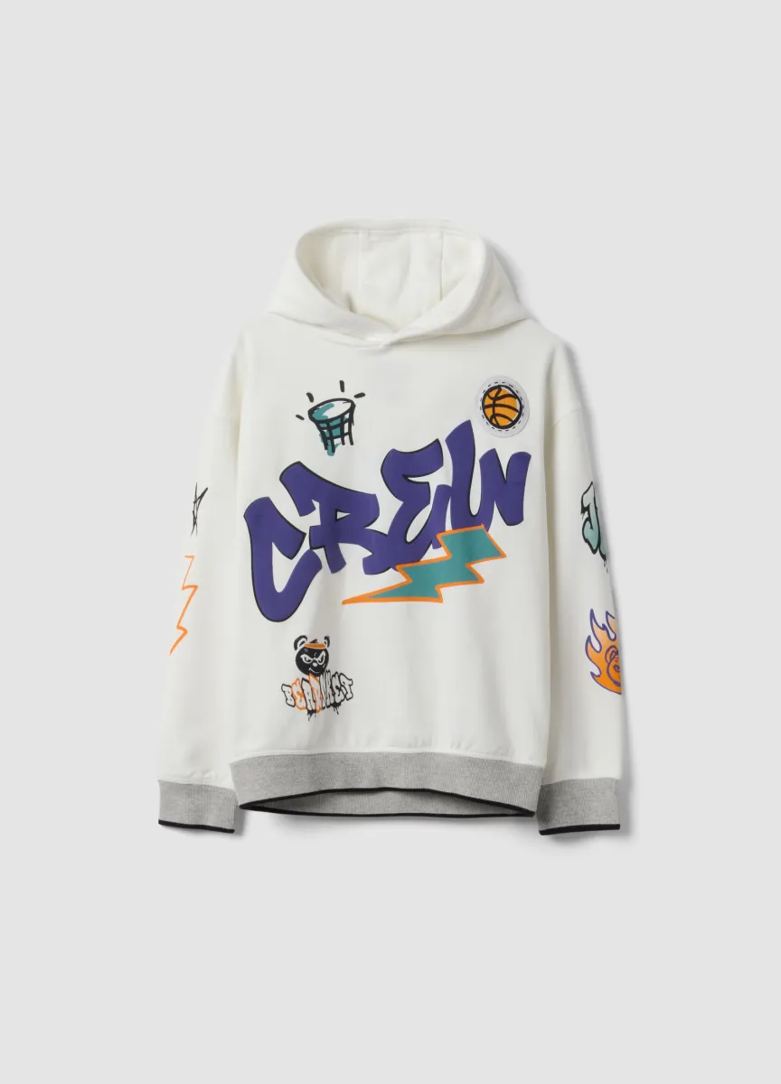Felpa bianca in misto cotone con cappuccio e graffiti over fit per bambino