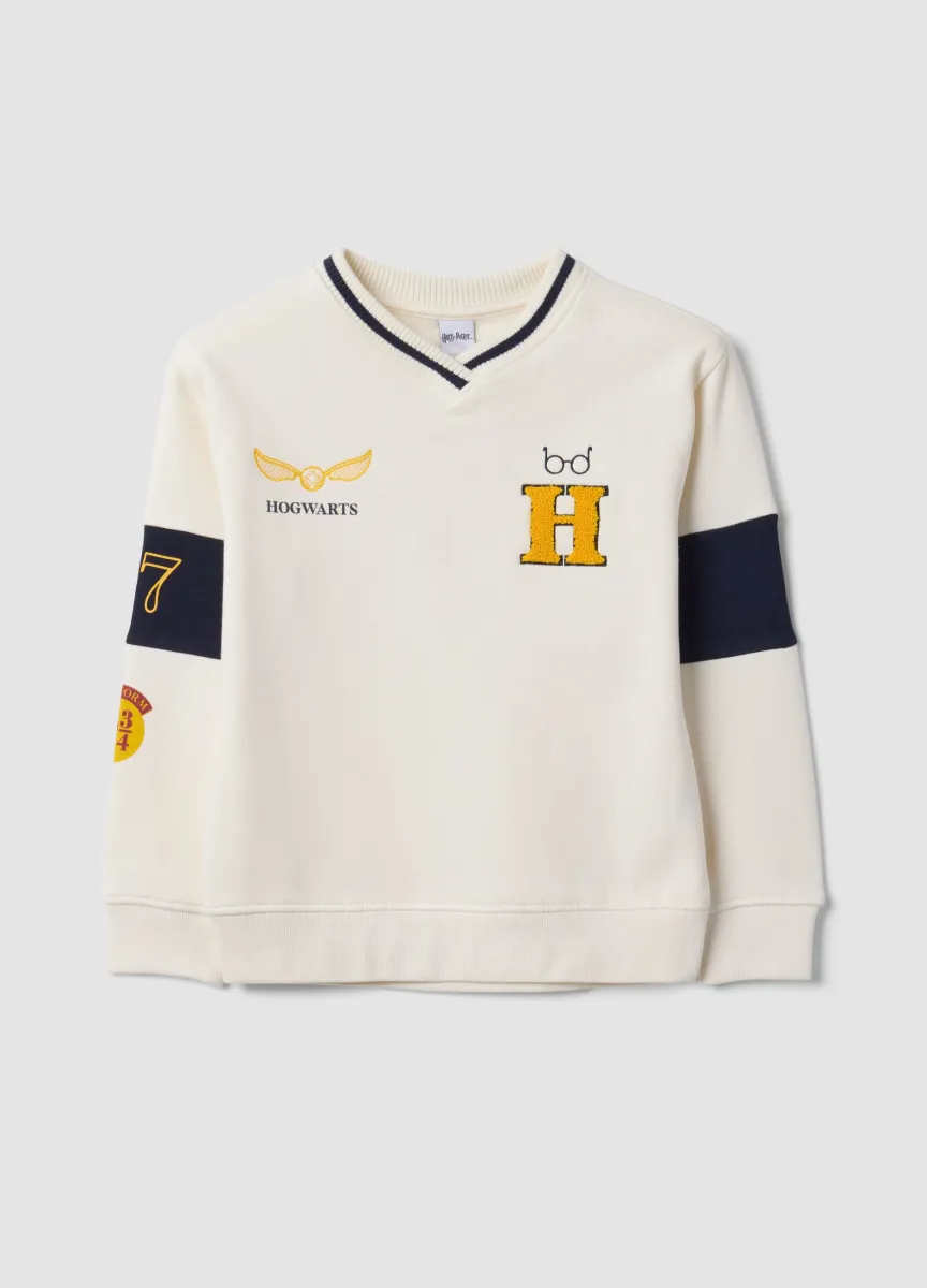 Felpa bianca in misto cotone con scollo a V a tema Harry Potter per bambino