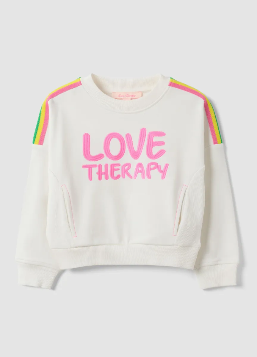 Felpa bianca in misto cotone con scritta Love Therapy per bambina