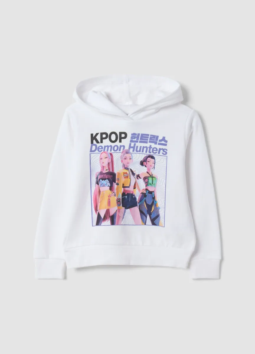 Felpa bianca in puro cotone con cappuccio e stampa K-Pop Demon Hunters