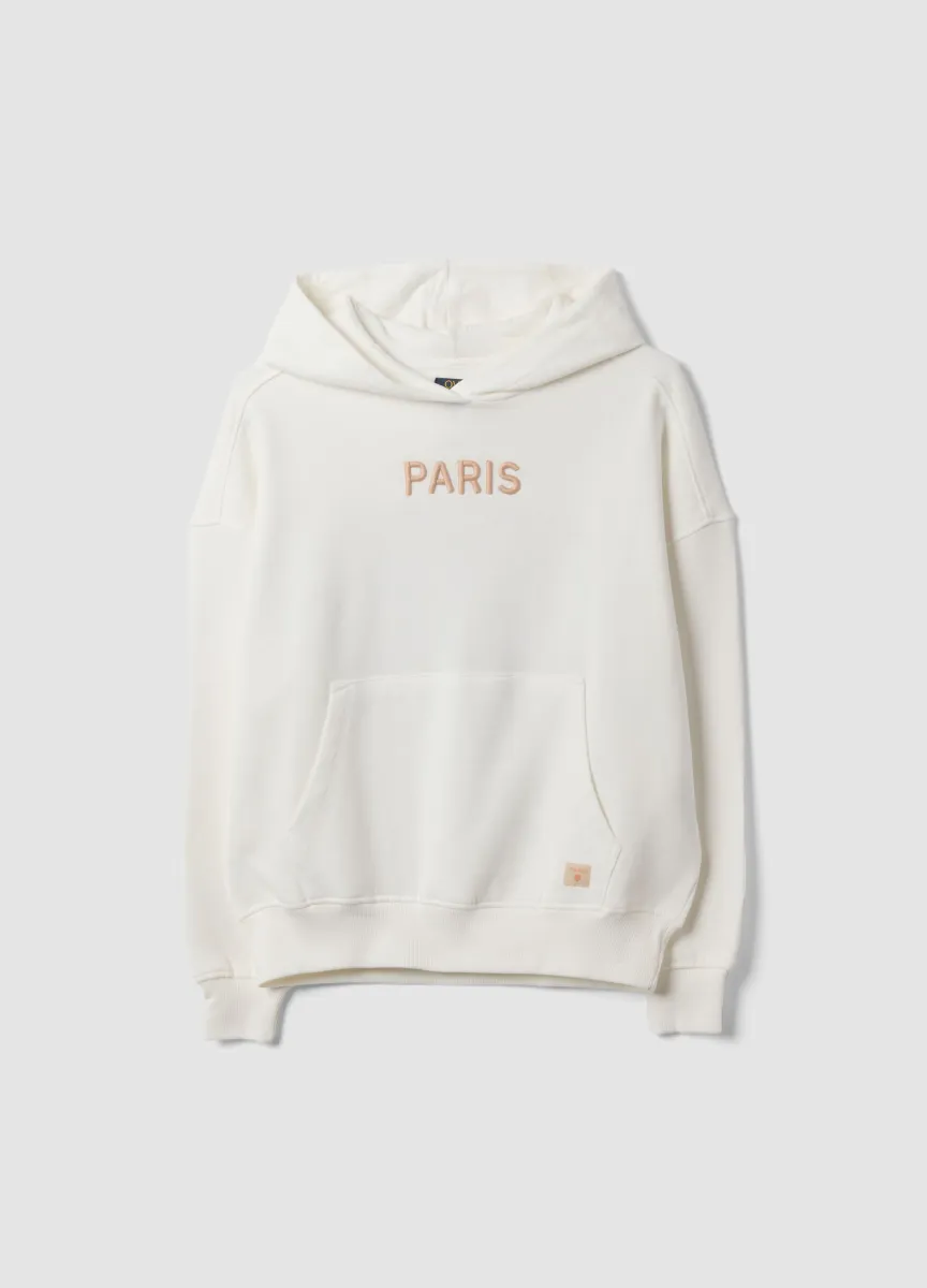 Felpa bianca in puro cotone con cappuccio over fit e scritta "Paris"