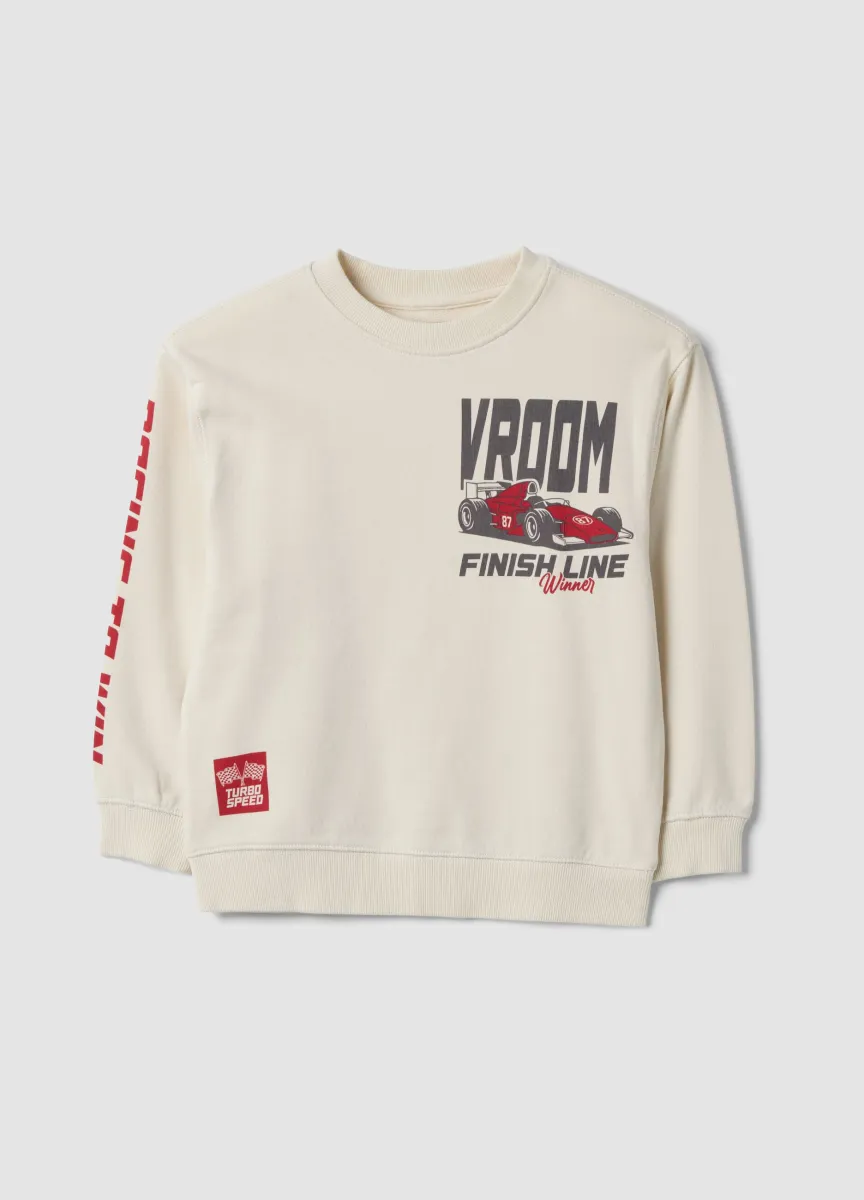 Felpa bianca in puro cotone con girocollo e stampa racing over fit