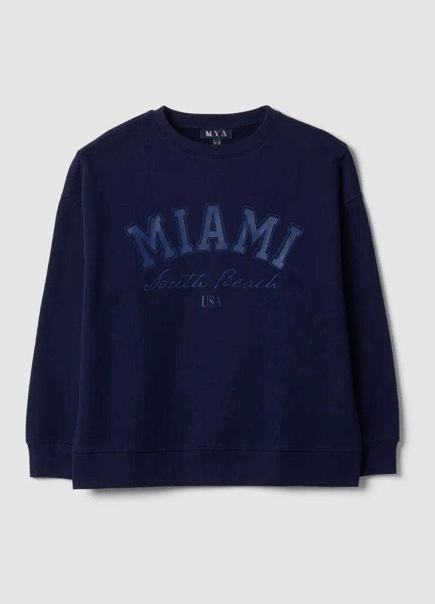 Felpa blu in misto cotone con scritta Miami