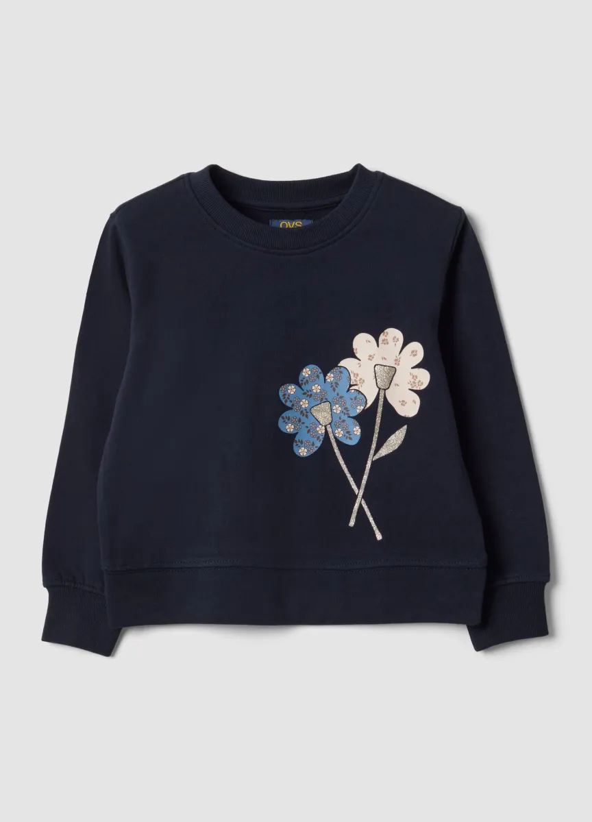 Felpa blu in puro cotone con girocollo e stampa floreale