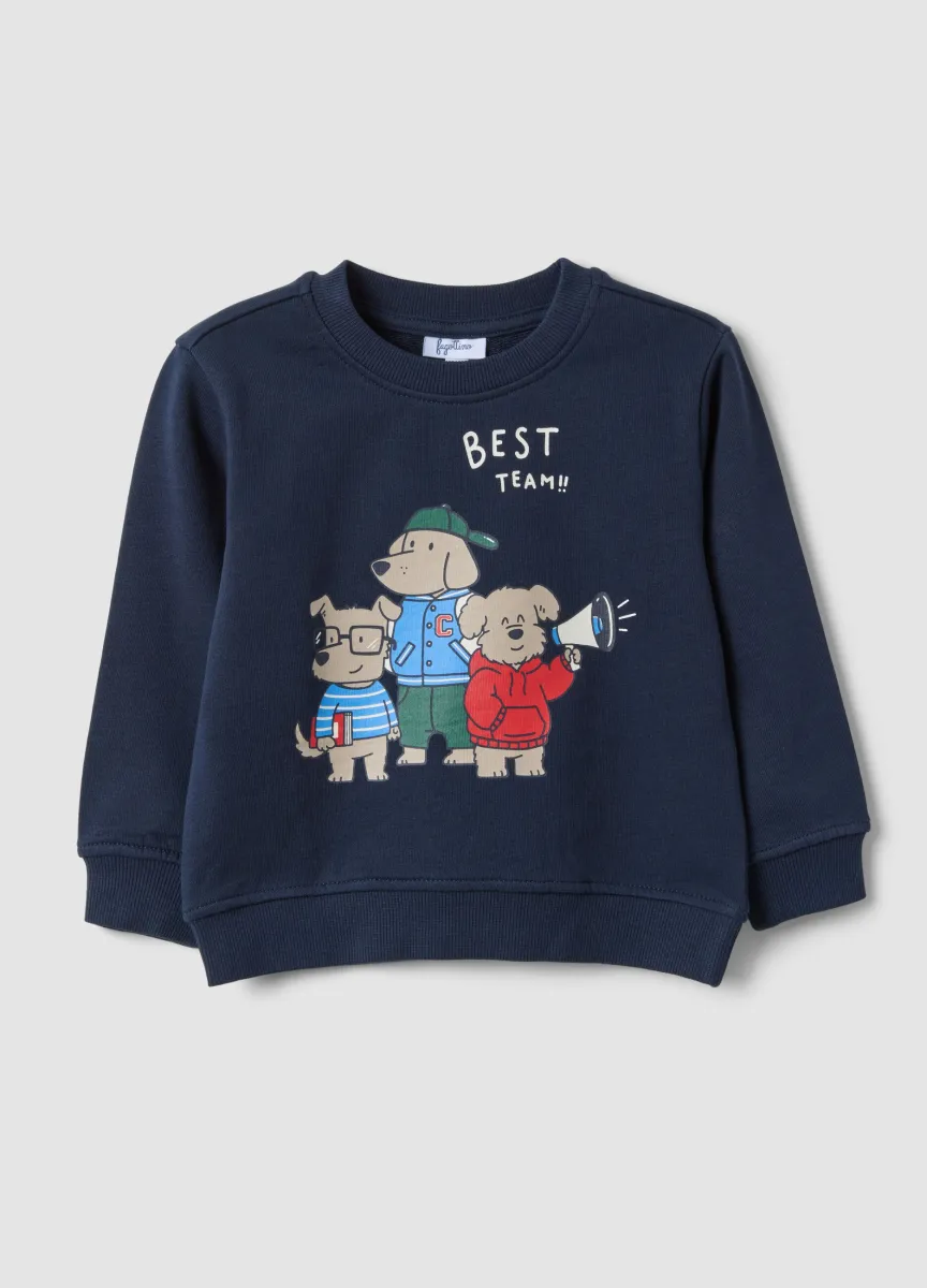 Felpa blu in puro cotone con girocollo e stampa per bimbo regular fit