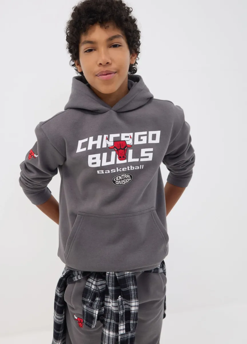 Felpa grigia con cappuccio in misto cotone e stampa Chicago Bulls per ragazzo