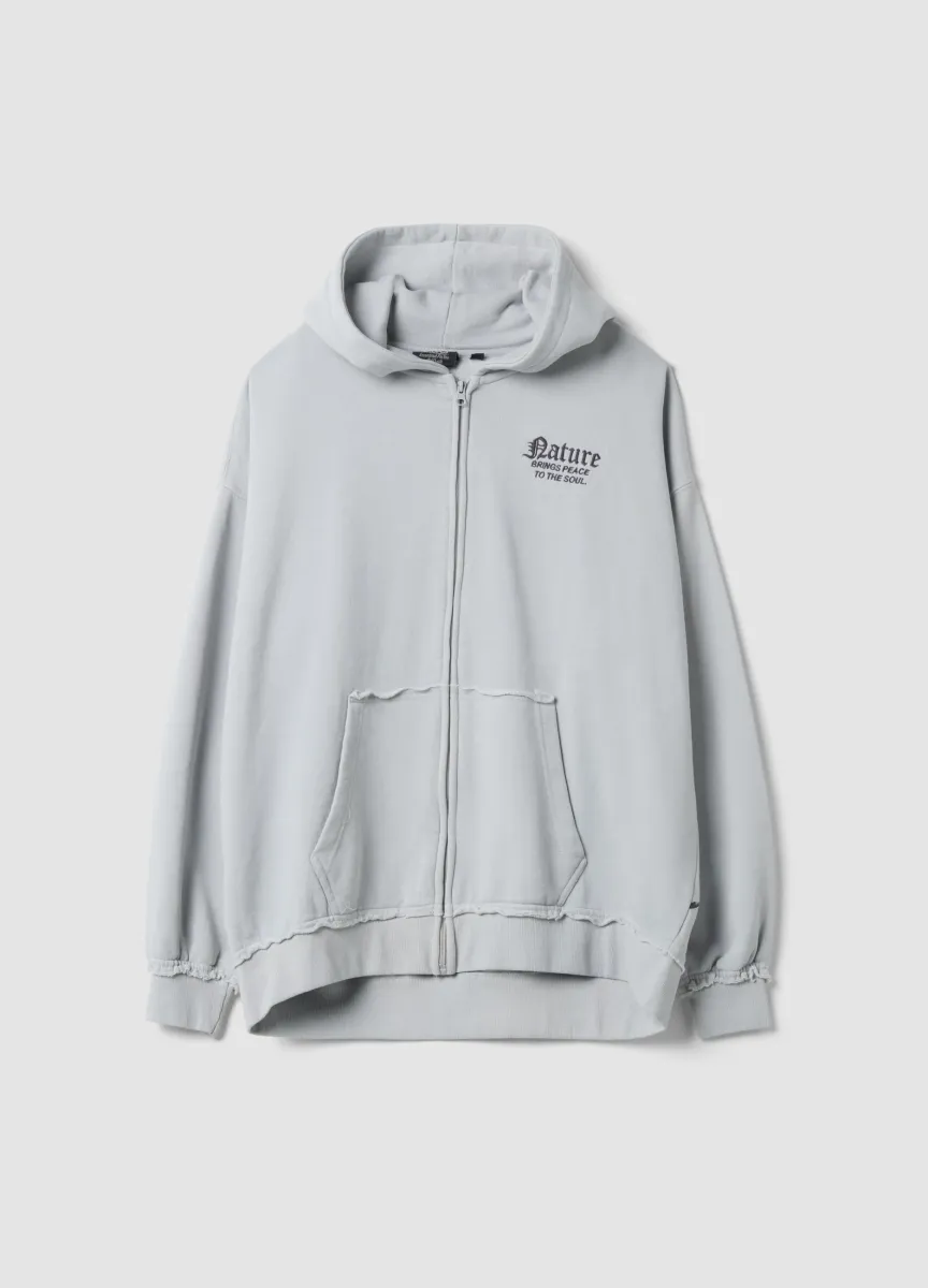 Felpa grigia in misto cotone con cappuccio e zip con stampa ramage