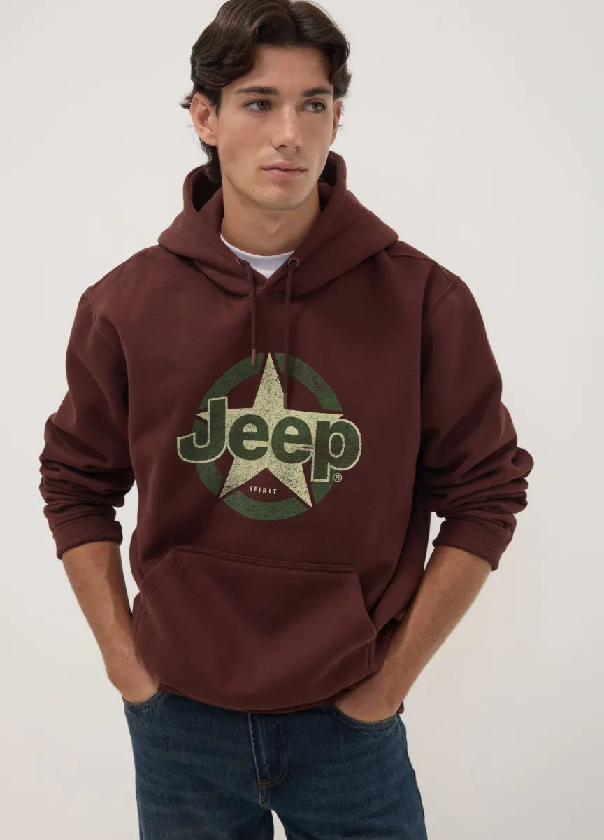 Felpa marrone in misto cotone con cappuccio e stampa Jeep relaxed fit