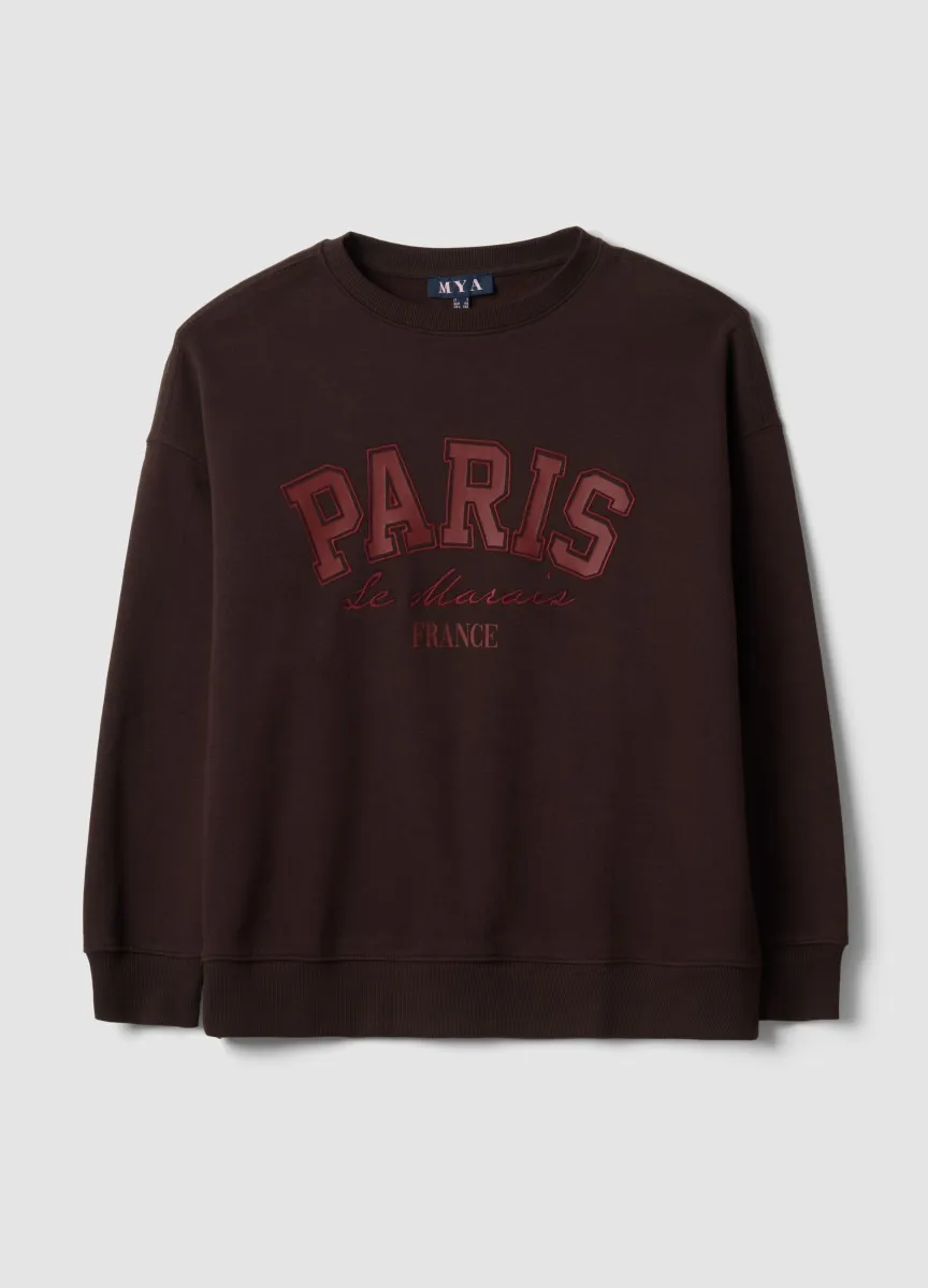 Felpa marrone in misto cotone con scritta Paris