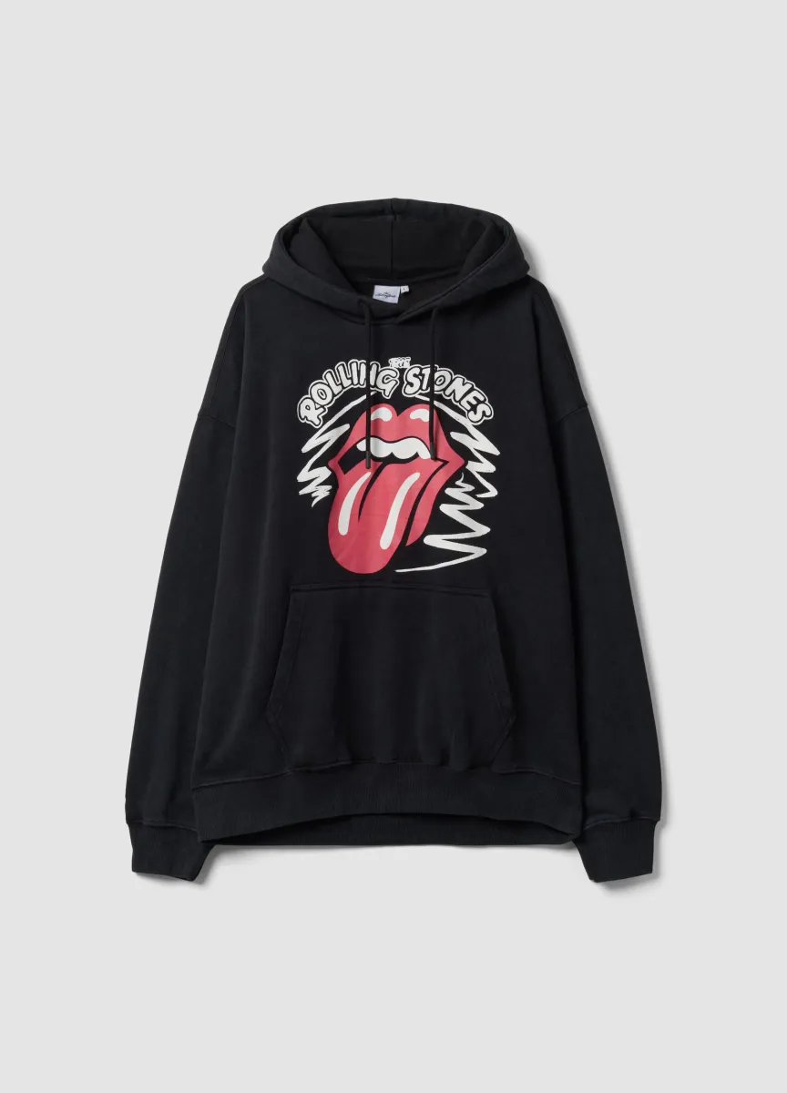 Felpa nera con cappuccio in misto cotone con stampa dei Rolling Stones