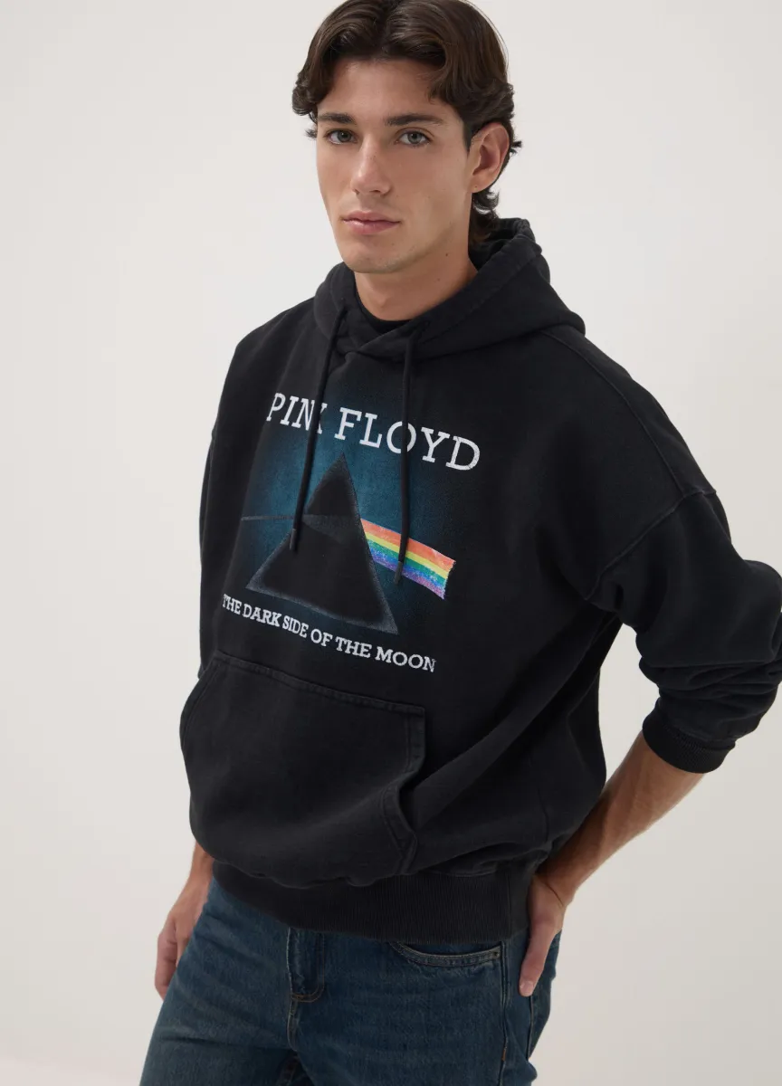 Felpa nera con cappuccio in misto cotone con stampa Pink Floyd